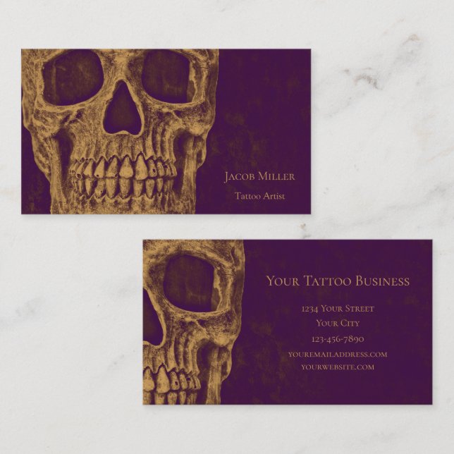 Tattoo Shop  Gold Purple Gothic Skull Head Business Card (Front/Back)