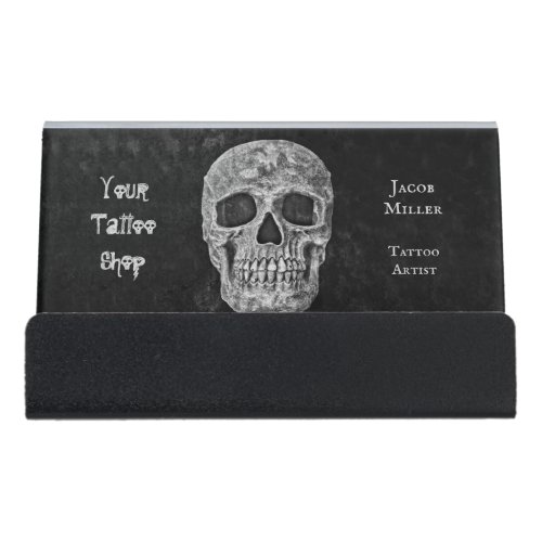 Tattoo Shop Gothic Black And White Skull Head Desk Business Card Holder