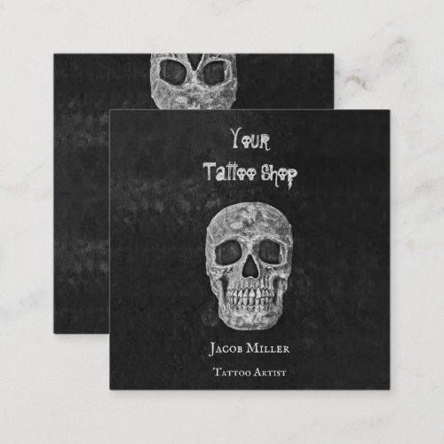 Tattoo Shop Gothic Black And White Skull Head Square Business Card