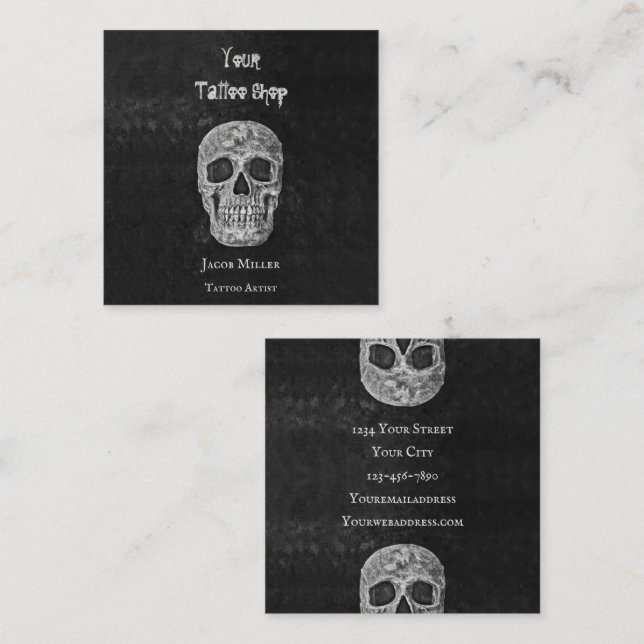 Tattoo Shop Gothic Black And White Skull Head Square Business Card (Front/Back)