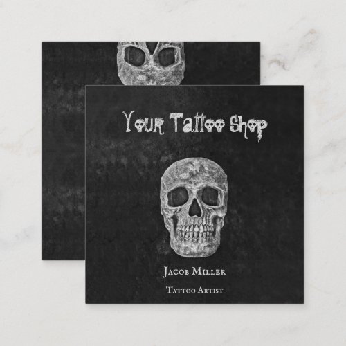 Tattoo Shop Gothic Cool Black And White Skull Head Square Business Card