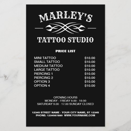 Tattoo shop studio logo with price list template flyer