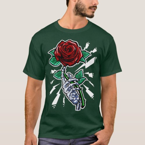 Tattoo Skeleton Hand Red Rose Flower  T_Shirt