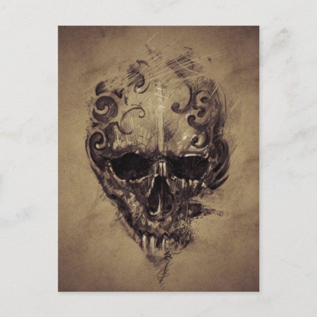 Tattoo Skull Over Vintage Paper Postcard (Front)
