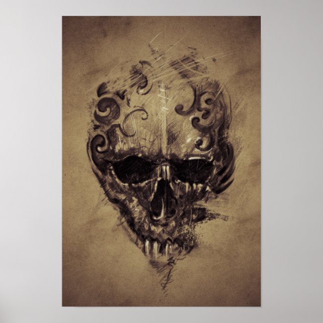 Tattoo Skull Over Vintage Paper Poster (Front)