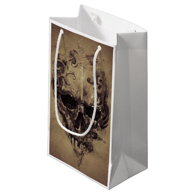 Tattoo Skull Over Vintage Paper Small Gift Bag (Front Angled)