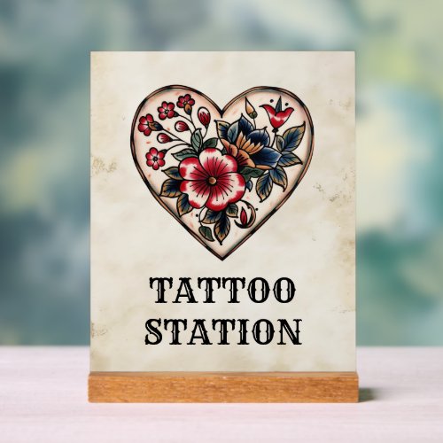 Tattoo Station Retro Flash Sailor Heart Party Acrylic Sign