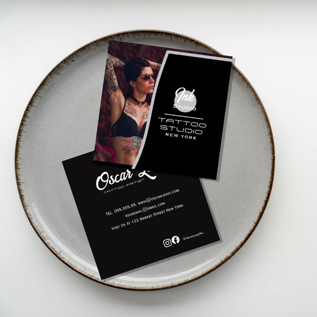 Tattoo Studio Black Photo Business Card | (Creator Uploaded)