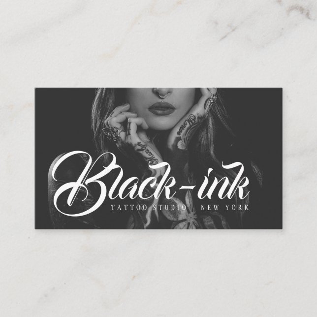 Tattoo studio black photo white script typography business card (Front)