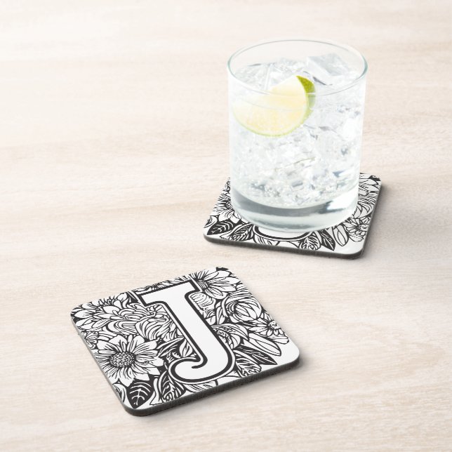 Tattoo-Style Black and White Monogram Ink Flowers Beverage Coaster (Right Side)