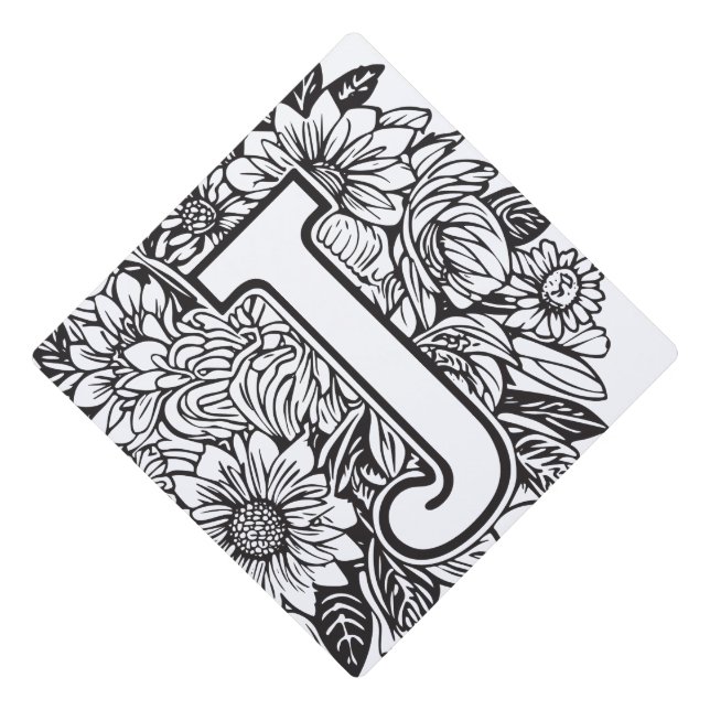Tattoo-Style Black and White Monogram Ink Flowers Graduation Cap Topper (Front)
