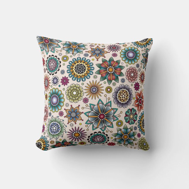 Tattoo Style Flower Doodle Pattern Throw Pillow (Front)