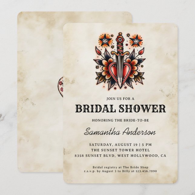 Tattoo Style Heart Dagger Retro Bridal Shower Invitation (Front/Back)