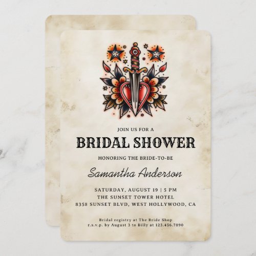 Tattoo Style Heart Dagger Retro Bridal Shower Invitation