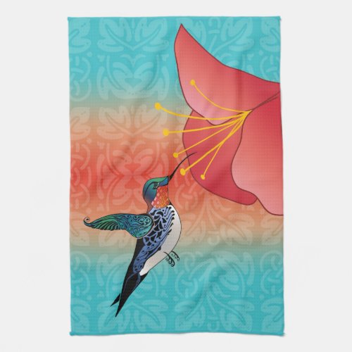 Tattoo Style Hummingbird and Red Flower Ombre Kitchen Towel