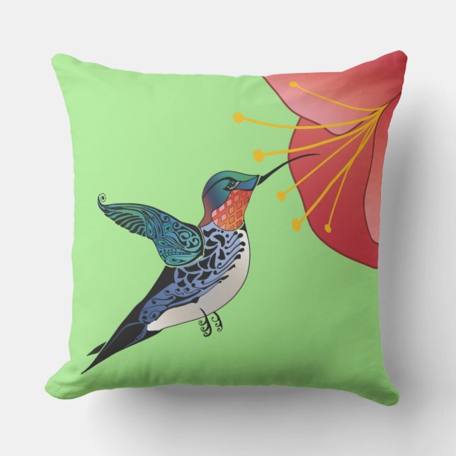 Tattoo Style Hummingbird Red Tropical Flower Outdoor Pillow (Front)