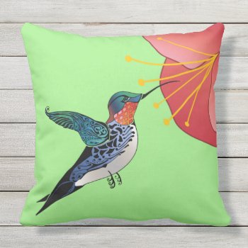 Tattoo Style Hummingbird Red Tropical Flower Outdoor Pillow by artbyjocelyn at Zazzle