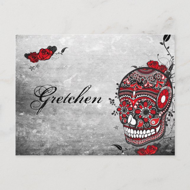 Tattoo Style Muerte Skull and Flourishes Name Card (Front)