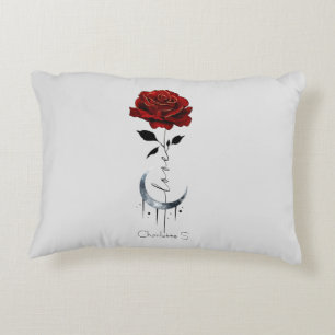 Tattoo-Style Red Rose & Crescent Moon with "Love" Accent Pillow