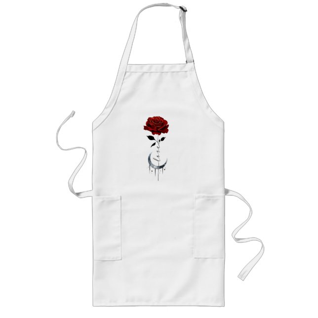 Tattoo-Style Red Rose & Crescent Moon with "Love" Long Apron (Front)