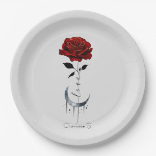 Tattoo-Style Red Rose & Crescent Moon with "Love" Paper Plates