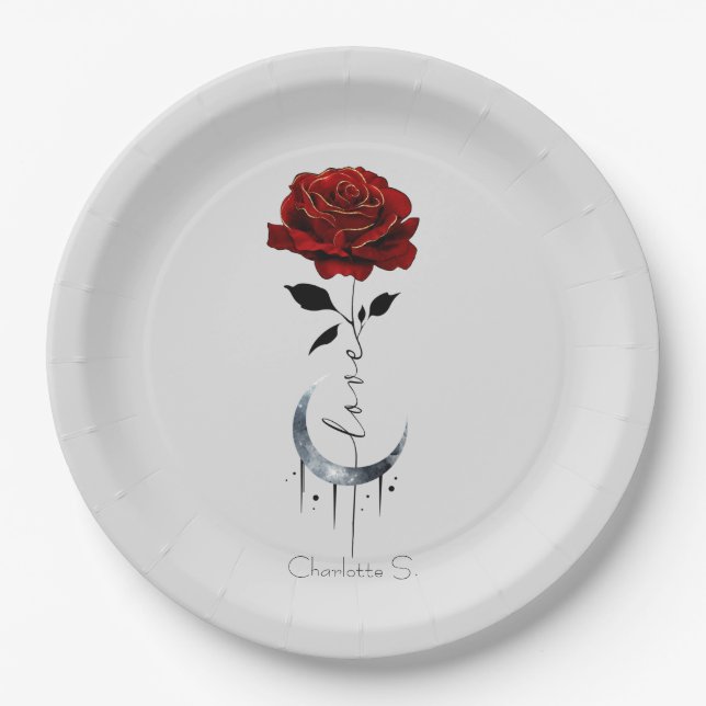 Tattoo-Style Red Rose & Crescent Moon with "Love" Paper Plates (Front)