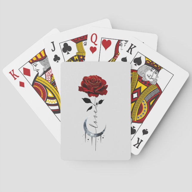 Tattoo-Style Red Rose & Crescent Moon with "Love" Poker Cards (Back)