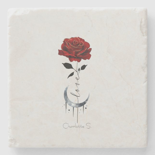 Tattoo-Style Red Rose & Crescent Moon with "Love" Stone Coaster (Front)