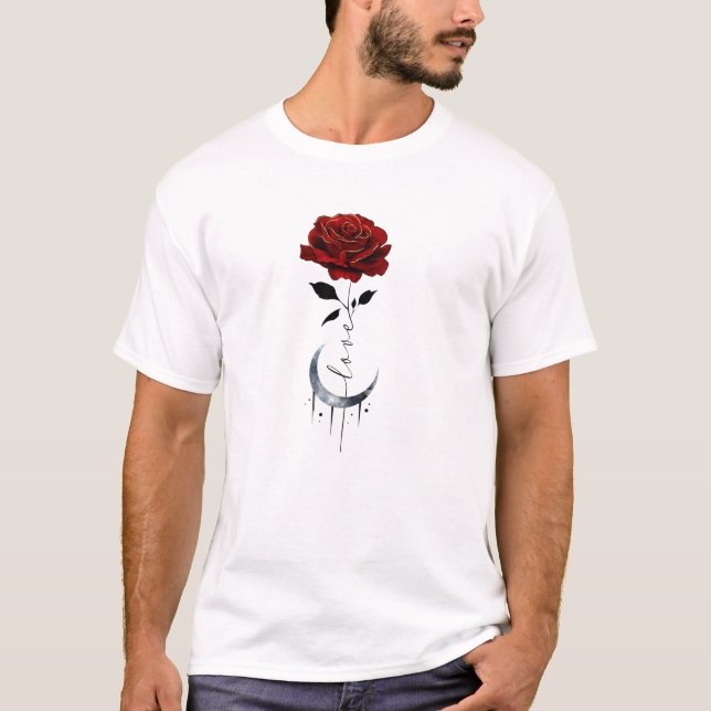 Tattoo-Style Red Rose & Crescent Moon with "Love" T-Shirt (Front)