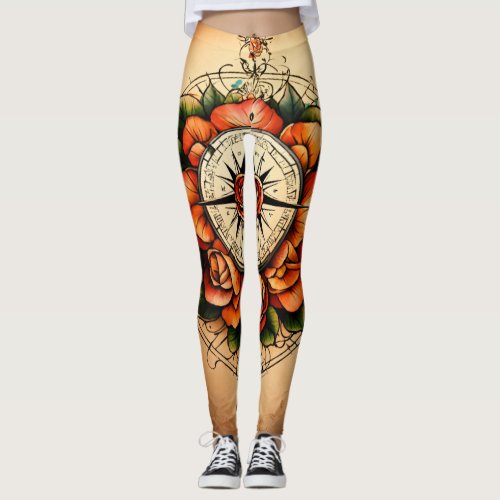 Tattoo style rose compass beautiful evoking spirit leggings