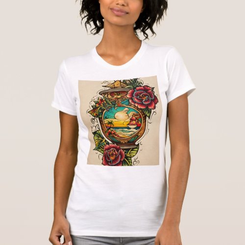 Tattoo_Style Rose Compass Design T_Shirt