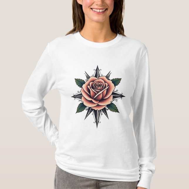 Tattoo Style Rose Compass T-Shirt Design (Front)