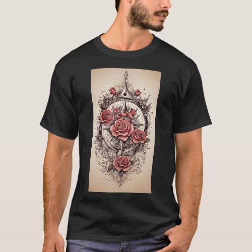 Tattoo_Style Rose Compass T_Shirt Designs 