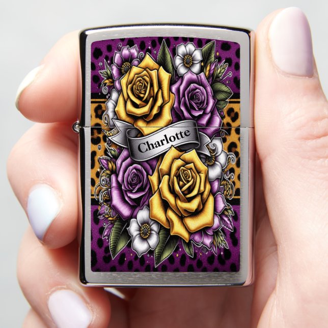 Tattoo Style Rose Leopard Flower Zippo Lighter (In Hand)
