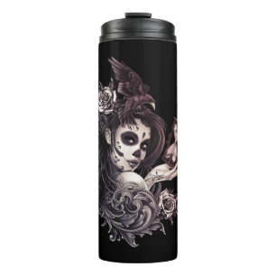 Tattoo Style Sugar Skull Girl with Bird Thermal Tumbler