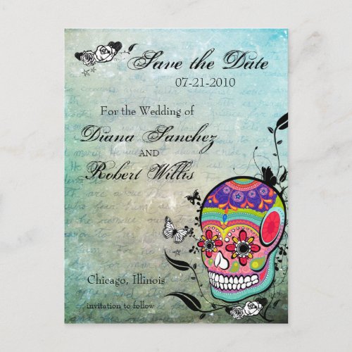 Tattoo Sugar Skull Save the Date Announcement Postcard