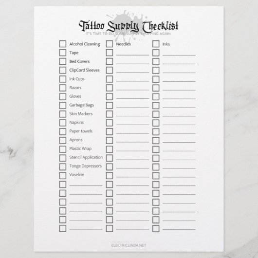 Tattoo Supply Checklist (Front)
