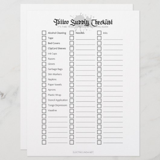 Tattoo Supply Checklist (Front/Back)