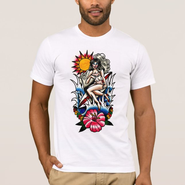 Tattoo Surfer Pin-up Girl with Hibiscus Flower T-Shirt (Front)
