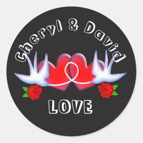 Tattoo Swallow Love Hearts And Roses Red Black Classic Round Sticker