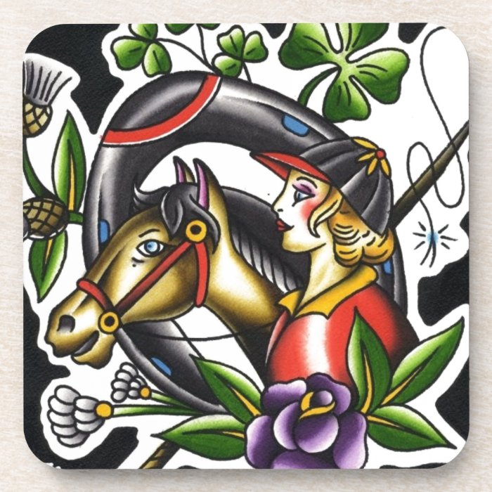 Tattoo Watercolor of an Irish girl and her horse Beverage Coasters