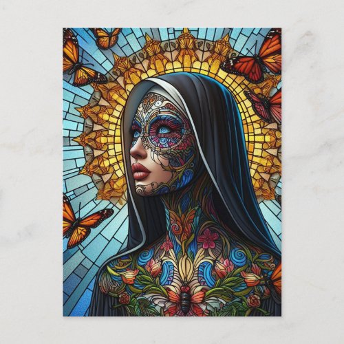 Tattooed Butterfly Nun Stained Glass Postcard