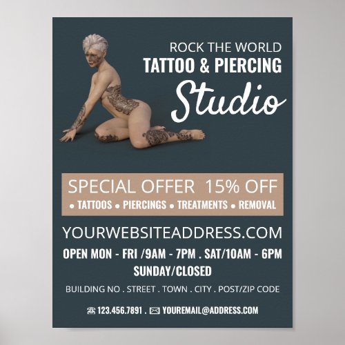 Tattooed Female Tattoo  Body Piercing Studio Poster