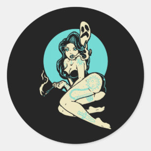 Tattooed Goth Pin-up Girl Horror Ghost Moon Rockab Classic Round Sticker