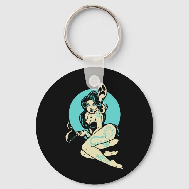 Tattooed Goth Pin-up Girl Horror Ghost Moon Rockab Keychain (Front)