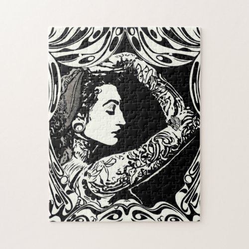 Tattooed gypsy woman in black and white jigsaw puzzle