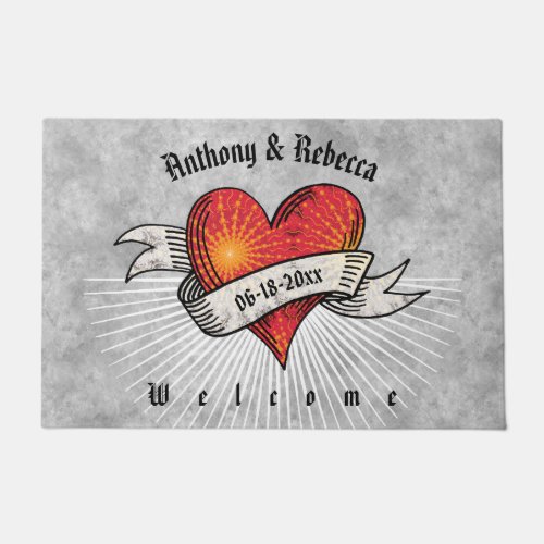 Tattooed Hearts Add Names and Date Welcome 24 x 36 Doormat
