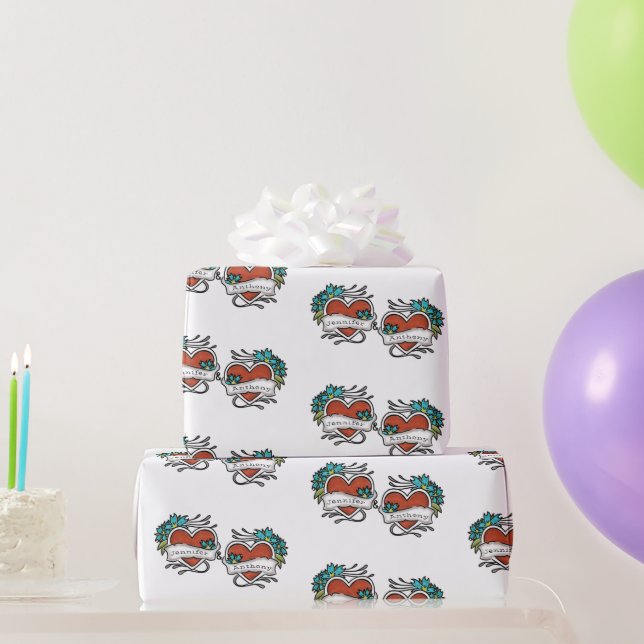 Tattooed Hearts, Tattoo Graphic Personalized Wrapping Paper (Party Gifts)