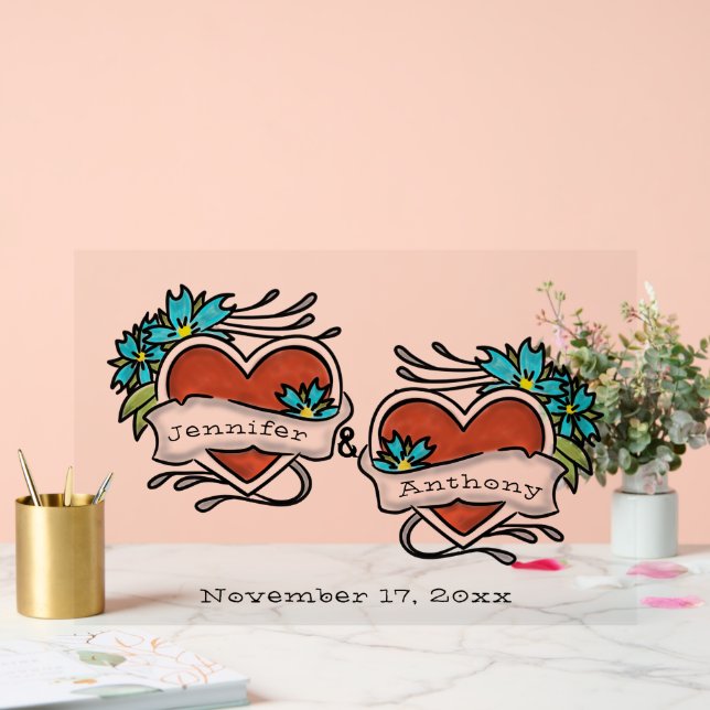 Tattooed Hearts, Tattoo Graphic Wedding Acrylic Sign (Wedding)
