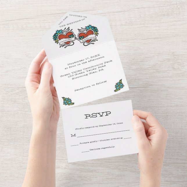 Tattooed Hearts, Tattoo Graphic Wedding All In One Invitation (Tearaway)